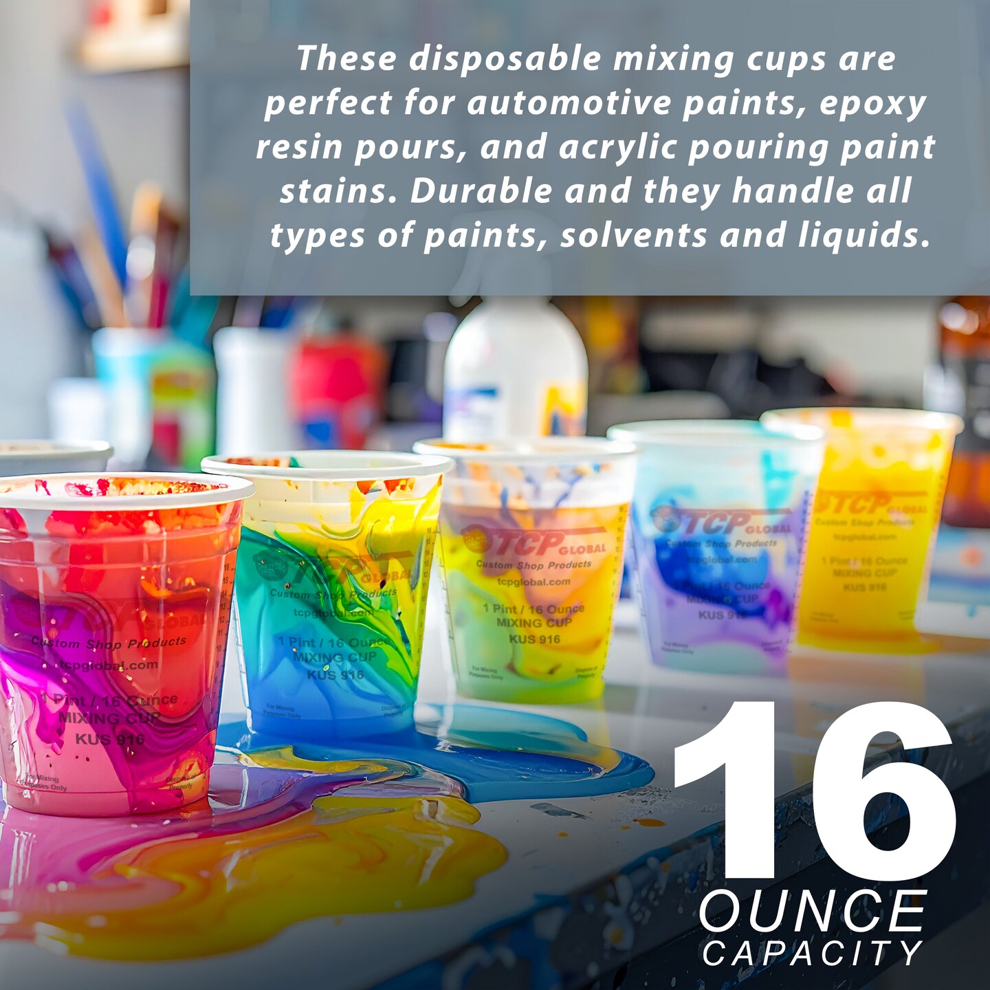 Custom Shop Paint Mixing Cups, 16-Ounce (Box of 100) - Plastic Measuring Cups for Liquids, Automotive Painting, Epoxy Resin, Acrylic Arts, Crafts, Disposable or Reusable, Graduated, Mixing Ratios