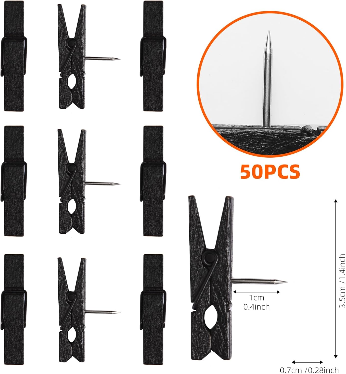 50-Pack Black Push Pins with Spring-Loaded Wooden Clips, Damage-Free Cork Board Tacks for Artwork, Photos &#x26; Notes (No-Mark Design)