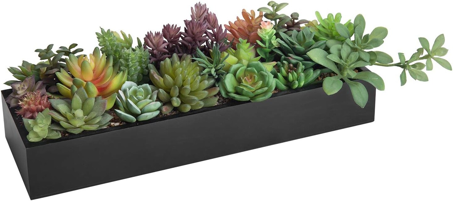 Artificial Succulent Centerpiece,15.75 Inch Faux Succulents Arrangement Plants in Sleek Black Wooden Rectangular Planter Box