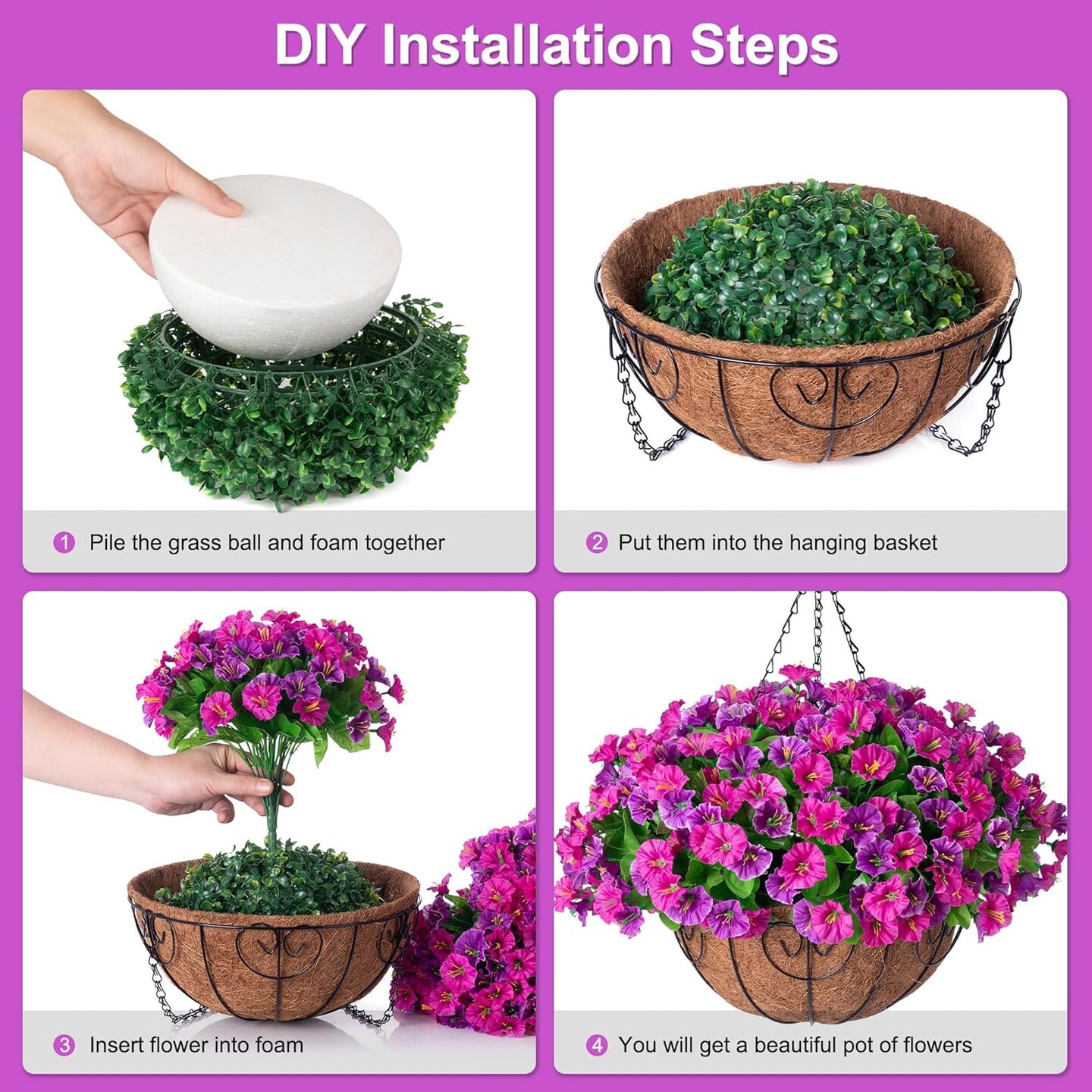 Artificial Hanging Flowers with Basket, Faux Silk Petunias Spring Flower Arrangement