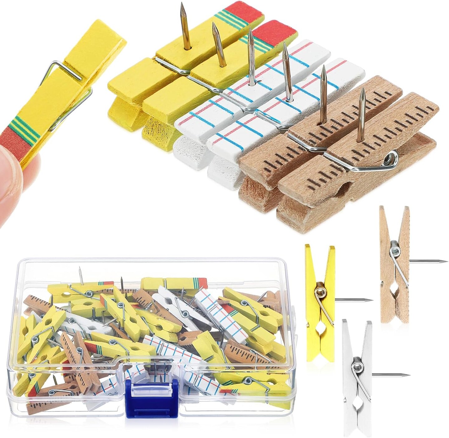 48 Pcs Pencil Ruler Colorful Push Pin with Wooden Clips Teacher Cork Board Artworks Decorative Pushpins Tacks for Classroom Photo Clips for Teacher Office Homes Supplies