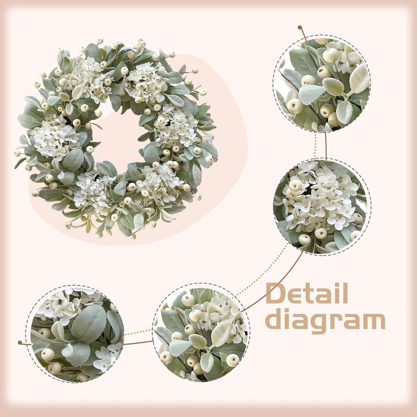 22 Inch Lambs Ears Leaves Everyday Wreath with Ivory Hydrangea and Cream Berries, Spring Summer Greenery Wreath with Burlap Ribbon Bow Knot for Doors, Rustic and Farmhouse Style Home Decor