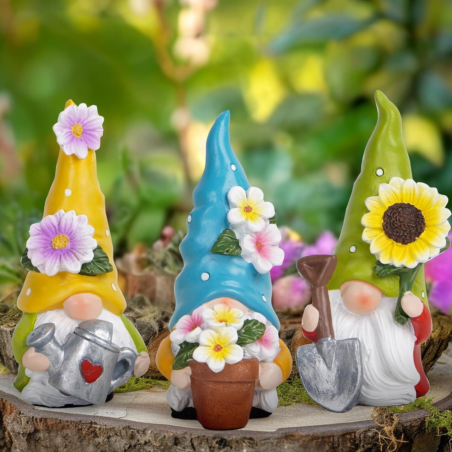 3 Pcs 3.5&#x27;&#x27;H Spring Gnomes Garden Pointed Hat Flowers Gnome Decorations Handmade Tomte Elf Summer Resin Gnomes Figurines Spring Decorations for Home Table Decor Gifts