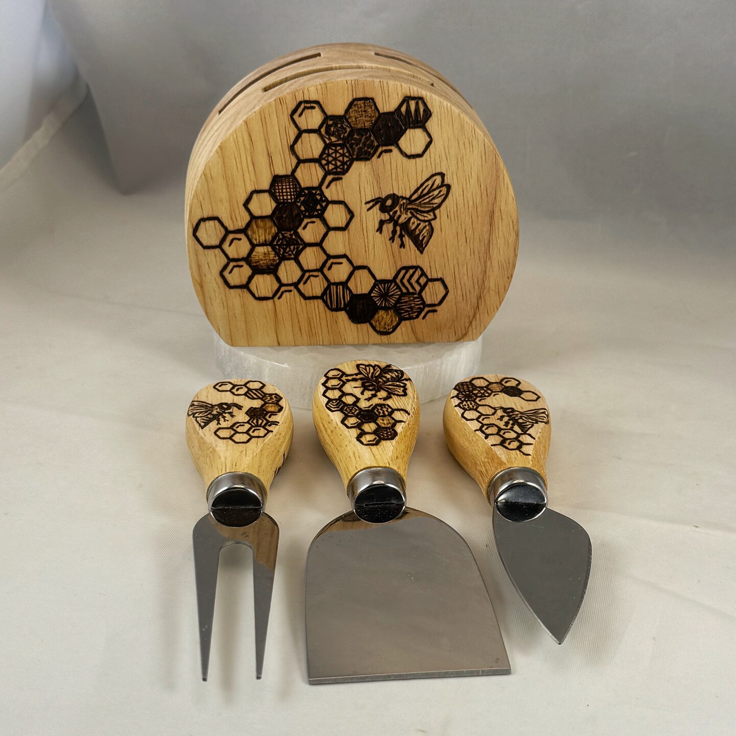Honeybee Honeycomb Hexagons Wood Burned Cheese Knife Set w Holder