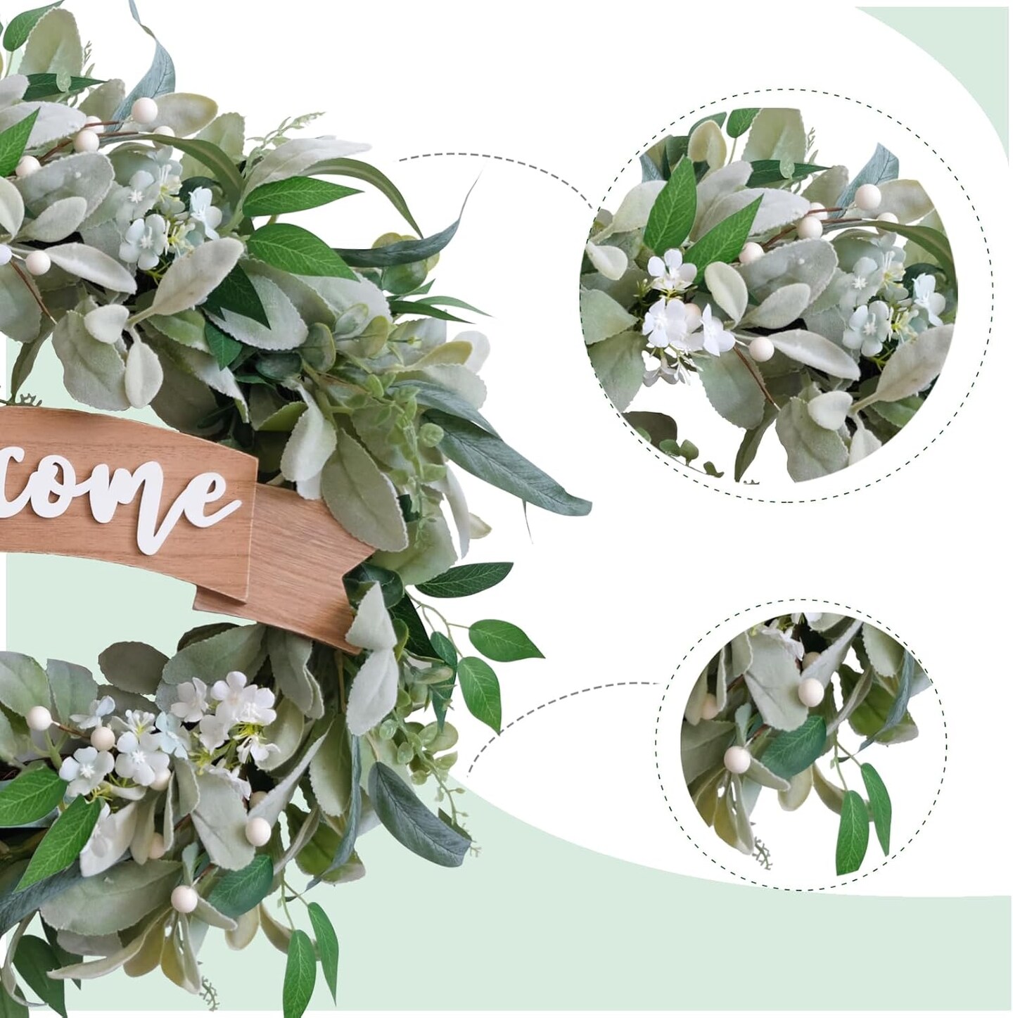 22 Inch Spring Everyday Lamb Ears Leaves Wreath with White Wild Flowers and Berries for Front Door, Welcome Wood Sign Green Leaves Wreath for Indoor Outdoor, Everyday Leaves Wreath