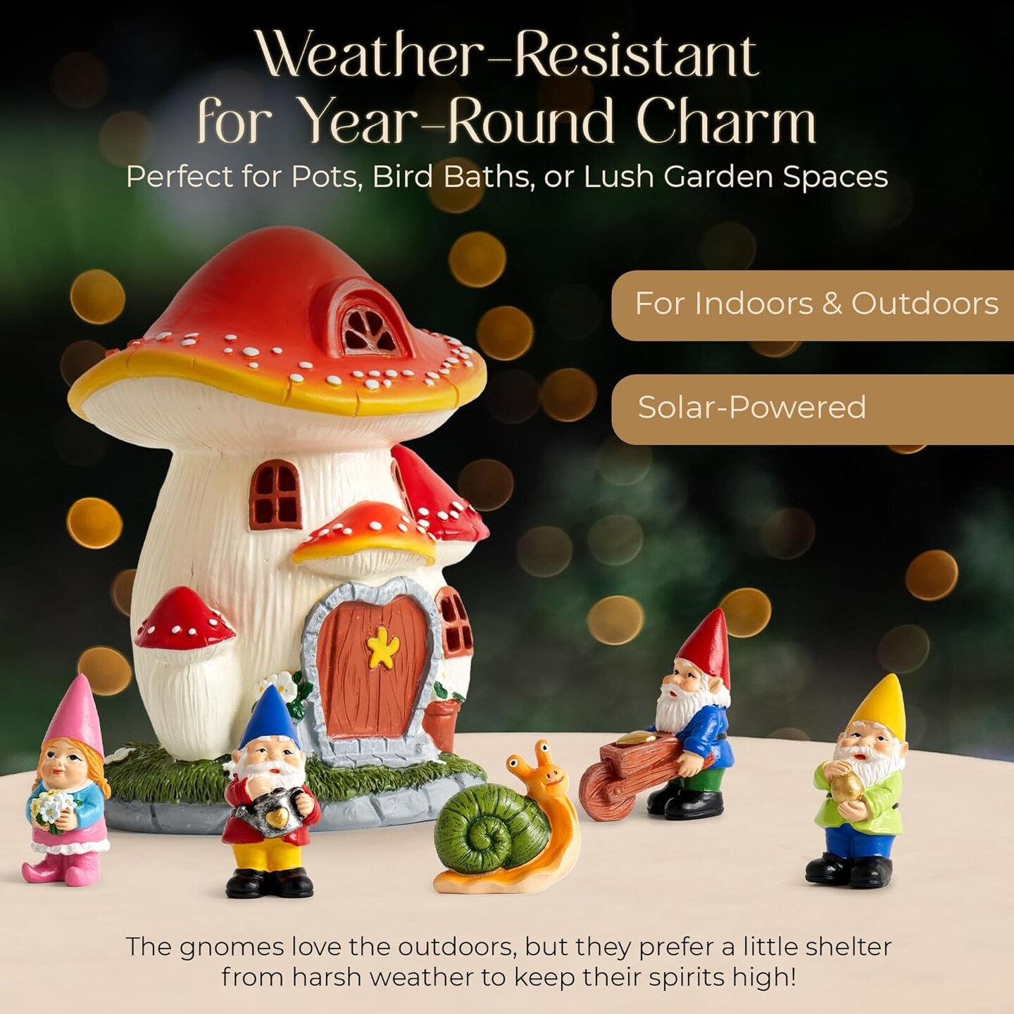 Solar Garden Gnome Statue Set &#x2013; Magical Gnome Decor - Solar Light Mushroom House &#x2013; Hand-Painted Resin Garden Decorations for Indoor &#x26; Outdoor