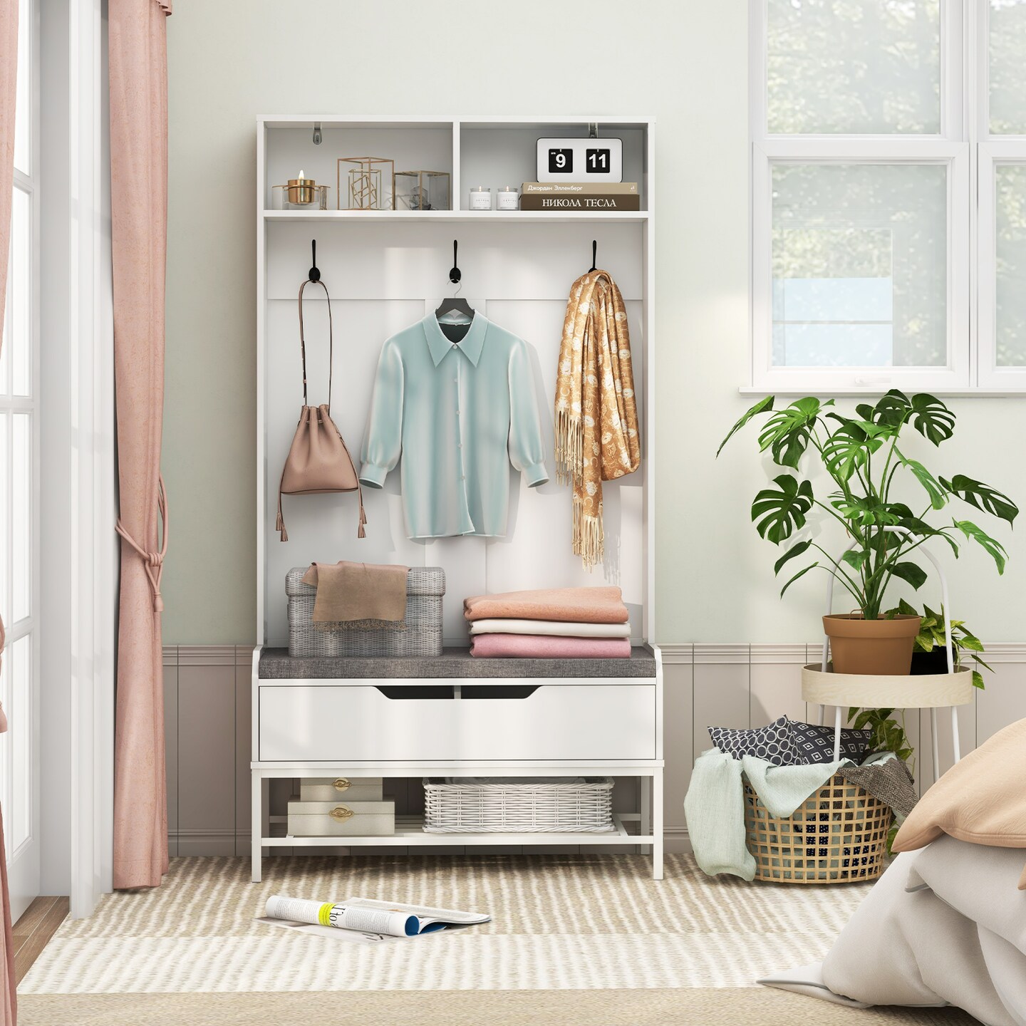 4-in-1 Coat Rack with Seat Cushion and Shoe Storage