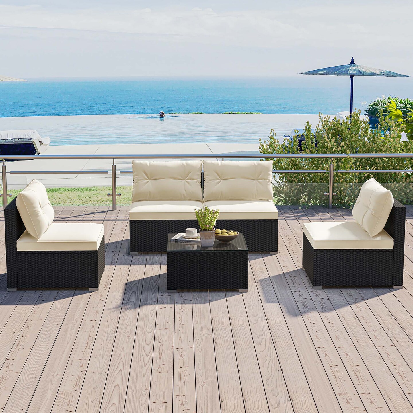 Costway 5 Pieces Outdoor Furniture Set with Seat & Back Cushions Tempered Glass Tabletop