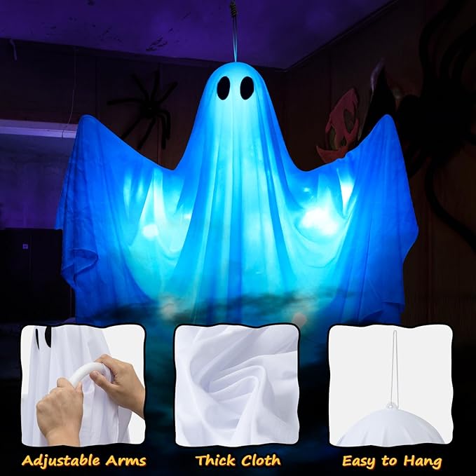 61.5&#x22; Halloween Hanging Light up Ghosts Decor - 2 Pcs Large Spooky Ghosts with Blue LED Lights, Hanging Halloween Decorations Outdoor Indoor Party for Front Porch, Tree, Patio, Yard, Lawn Garden