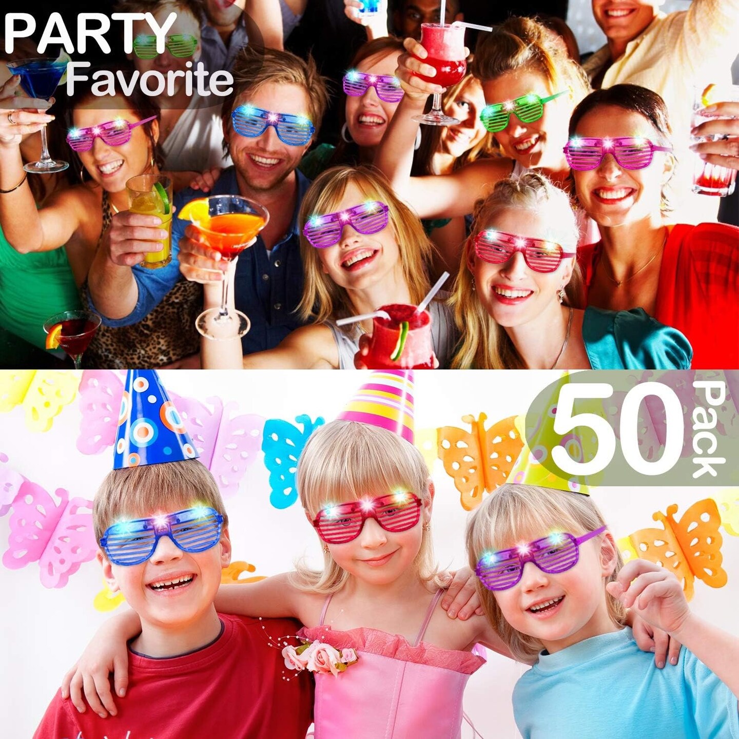 50 Pack LED Glasses 6 Color 3 Mode Light Up Party Glasses Glow In The Dark Party Supplies Shutter Shades Neon Flashing Glasses Carnival Sunglasses Party Favors Toys for Birthday Wedding Concerts Party