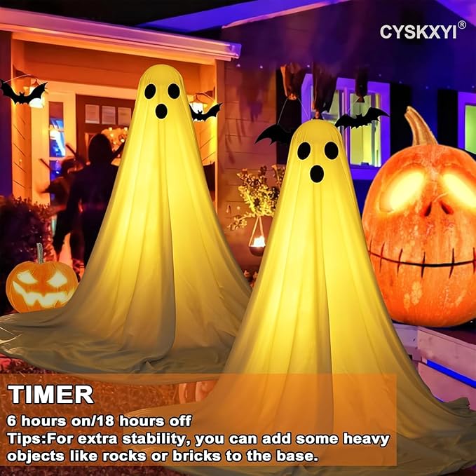 [Timer] 2Packs Halloween Decorations Outdoor, Cute Halloween Decorations Indoor, Spooky Ghost Halloween Decor with Witch Hat, Scary Ghosts Decor with LED Lights for Front Porche Yard Garden Home