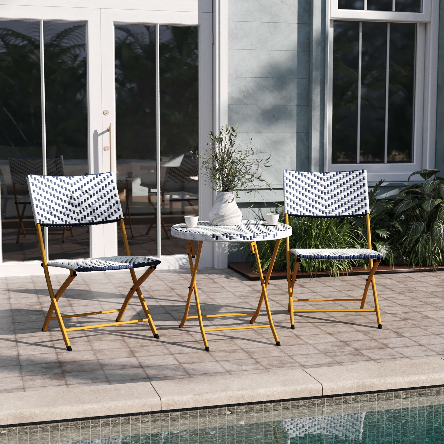 Emma and Oliver Ciel Three Piece Folding Bistro Set in PE Rattan with Metal Frames for Indoor and Outdoor Use