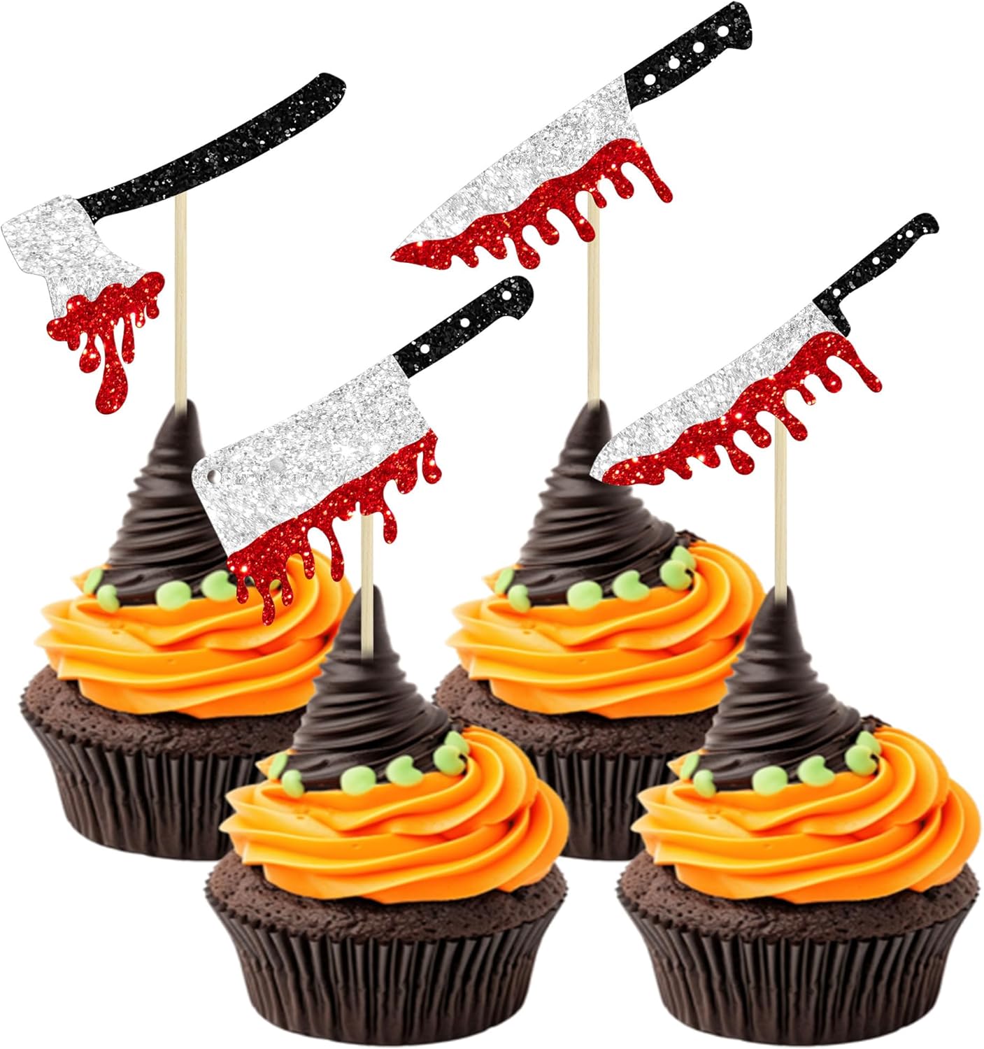 24Pcs Halloween Cupcake Toppers Glitter Horror Blood Knife Cupcake Picks Killer Birthday Cake Decorations for Halloween Blood Knife Theme Birthday Party Supplies