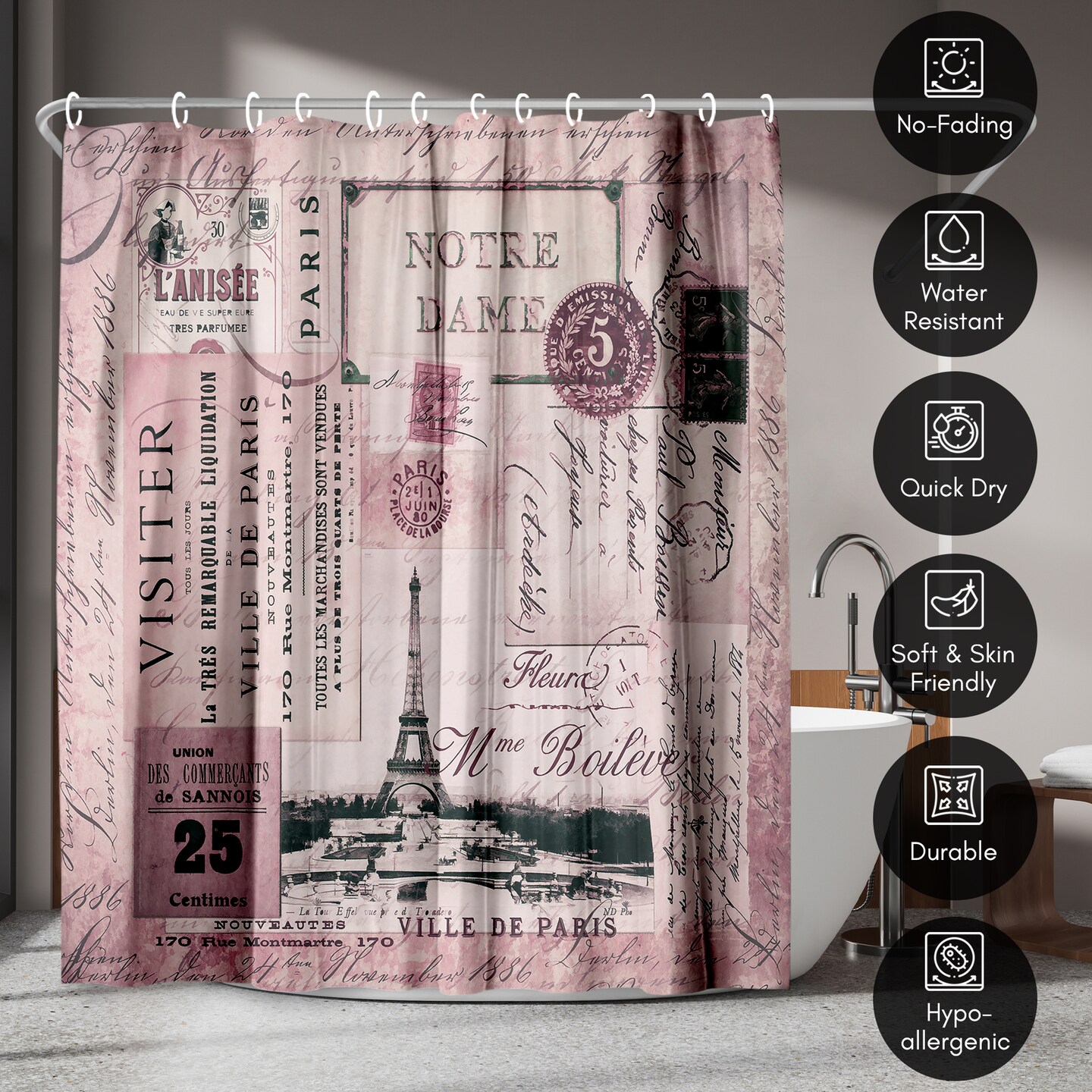 Americanflat 71x74 Shower Curtain - French Inspired Quote Design - Curtain Nostalgic by LebensART