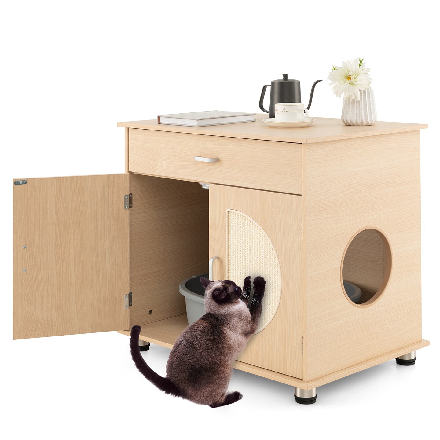 Cat Litter Box Enclosure with Scratching Doors Drawer Storage Natural