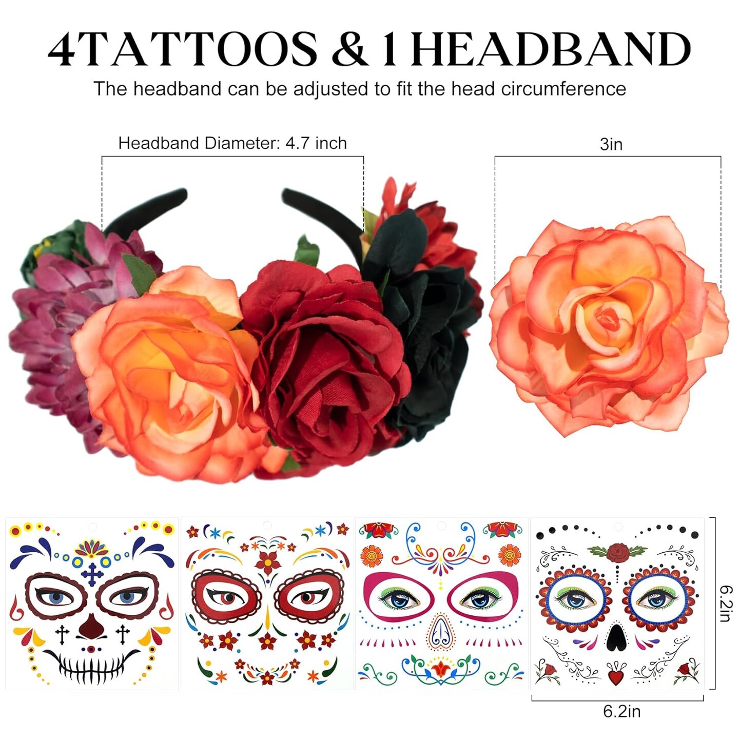 4 Kits Day of the Dead Makeup Face Tattoos for Men and Women with 1 Rose Red Flower Crown Headband for Halloween Party Supplies Cosplay Festival Masquerade Halloween Costume