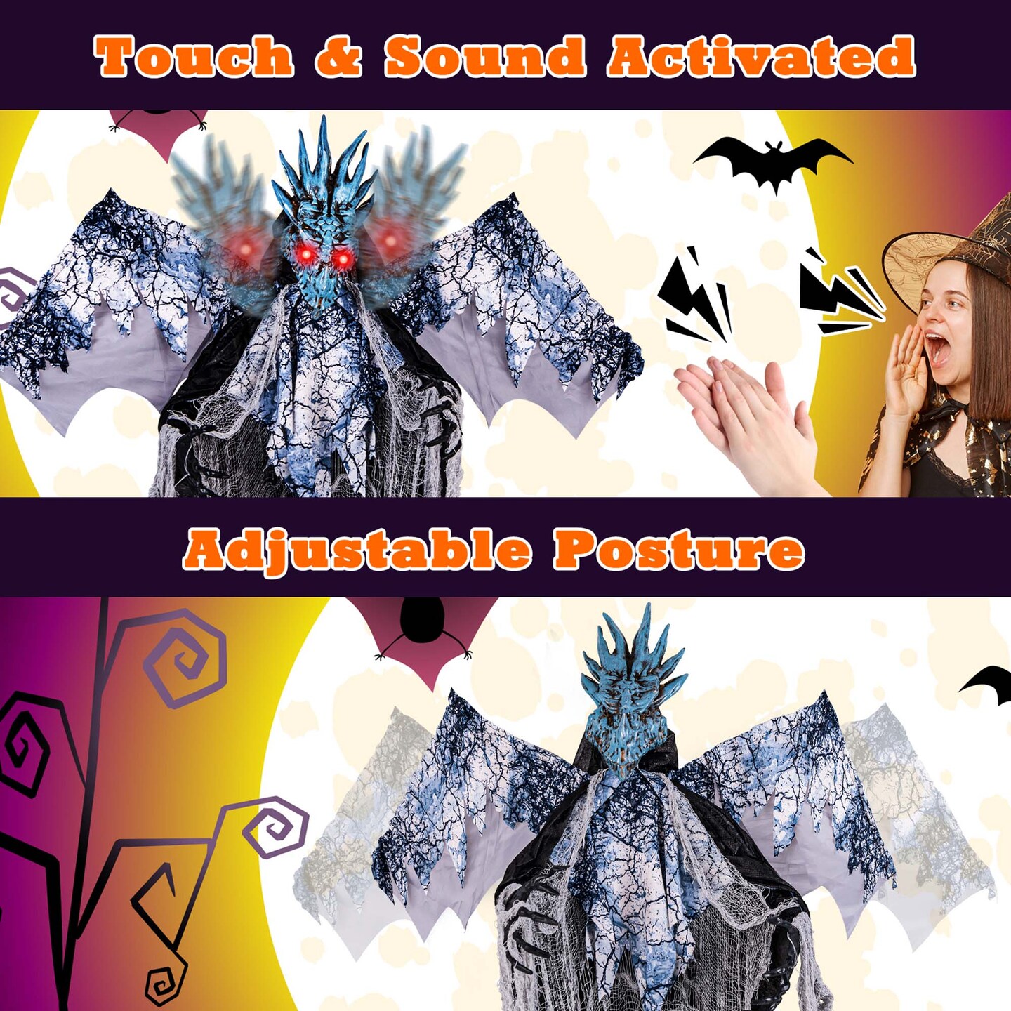 Costway 6ft Halloween Animatronic Decoration Animated Dragon with Light Up Eyes Posable Wings & Arms Sound & Touch Activated Standing Figure
