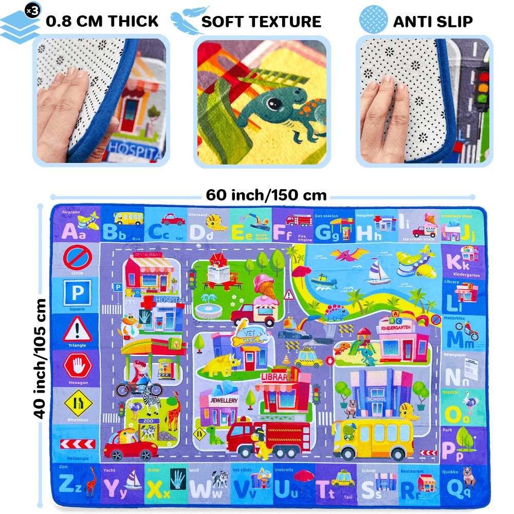 QUOKKA Floor Playmat for Babies Super Soft Plush ABC Play Mat for Kids Toddlers &#x26; Infants - Extra Thick (0.8cm) Large Padded Non-Slip Car Nursery Rug with City - Foldable Mat for Playroom