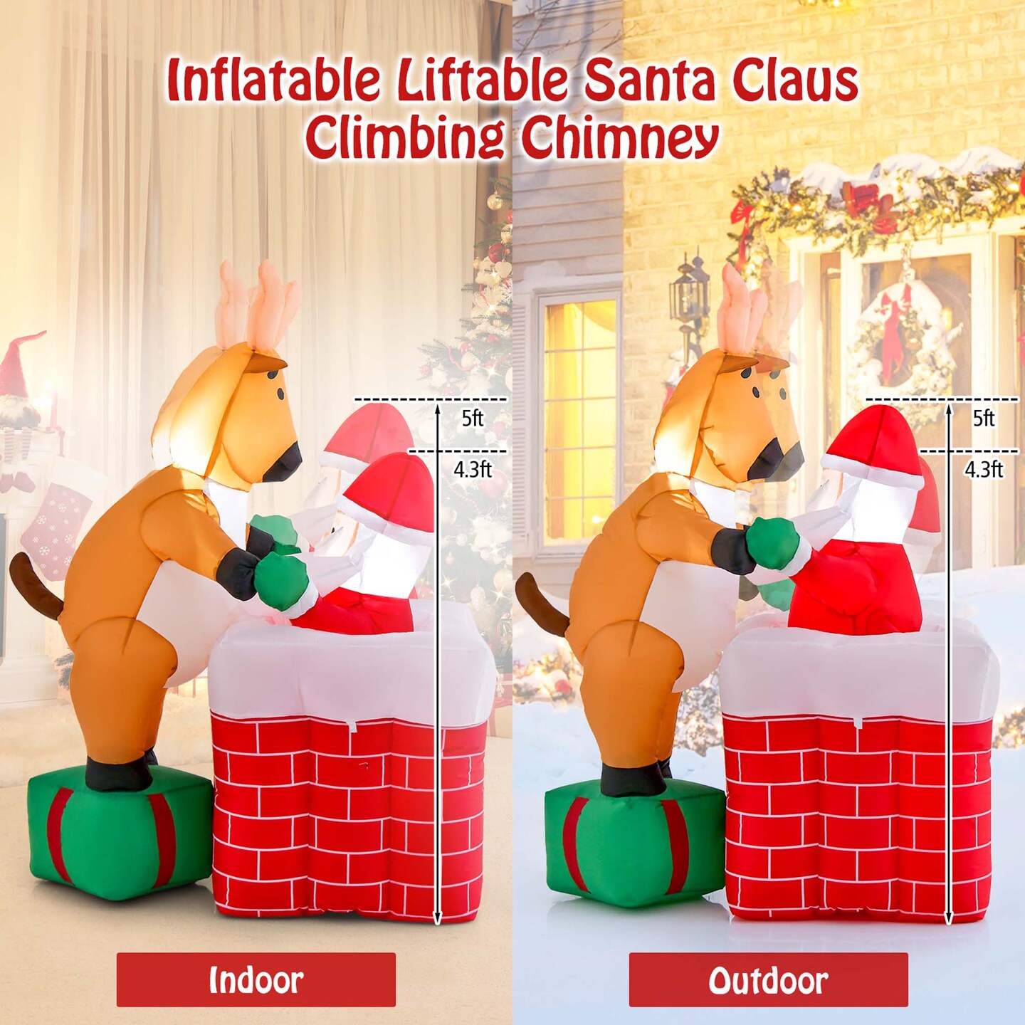 Costway 5 FT Christmas Inflatable Liftable Santa Claus Climbing Chimney Reindeer on Gift
