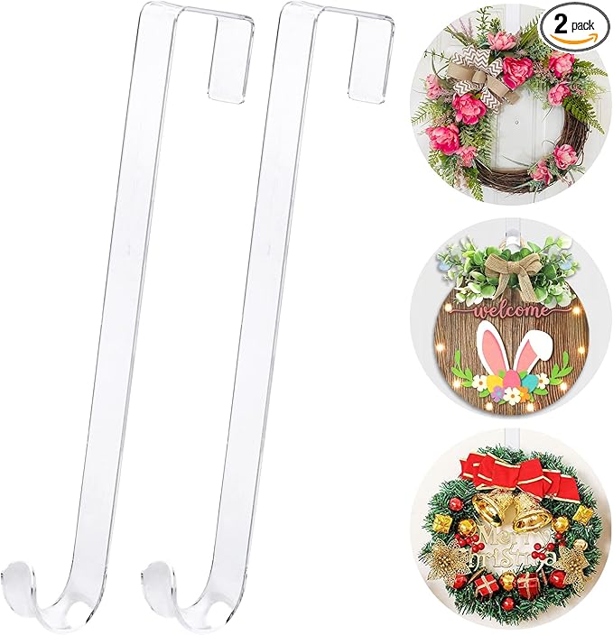 12 in Wreath-Hangers for Front Door,Door-Wreath-Hanger-Clear Over The Door Hooks,2 Pack Non-Scratch-Door-Hanger Hook for Easter Christmas Halloween Fall Wreath Decorations,Welcome Sign for Front Door