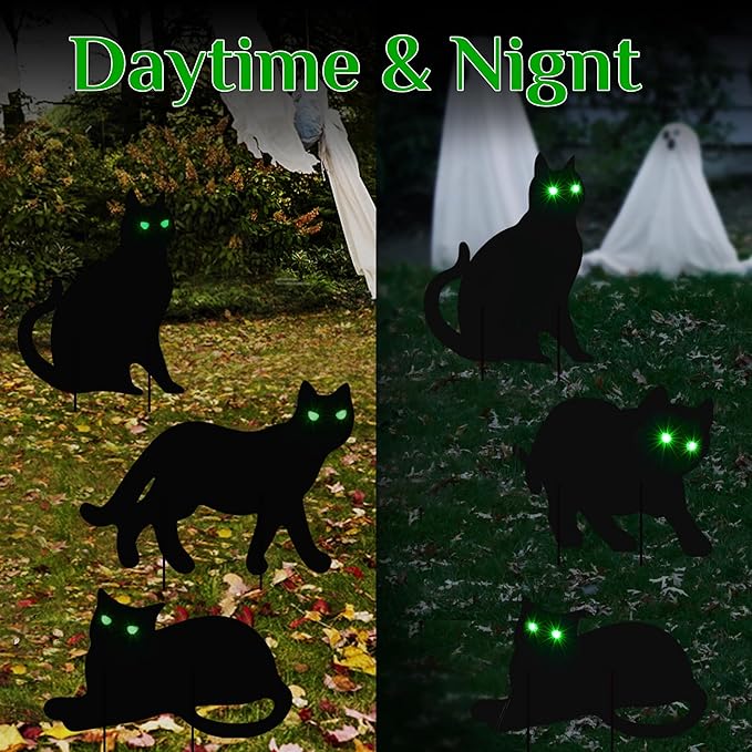 6 Pcs Black Cat Halloween Decor Yard Signs with Stakes, Halloween Decorations Outdoor with LED Eyes Glow in The Dark, Scary Silhouette Waterproof Yard Lawn Garden Halloween Decor