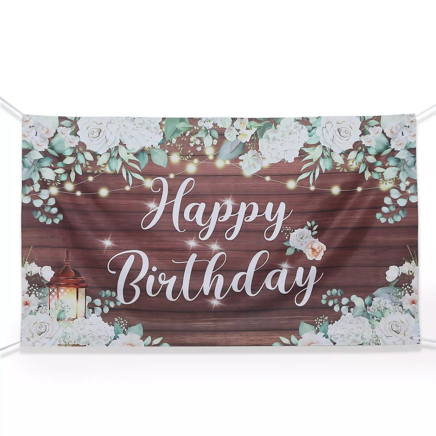 6 ft x 3 ft White Brown Wood Floral Printed Backdrop Happy Birthday Banner Party