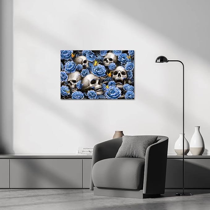 Black and White Skull Wall Art Skull Head Skeleton Painting Vintage Sugar Skull Artwork Wall Decoration for Home Living Room Bedroom the Day of Dead