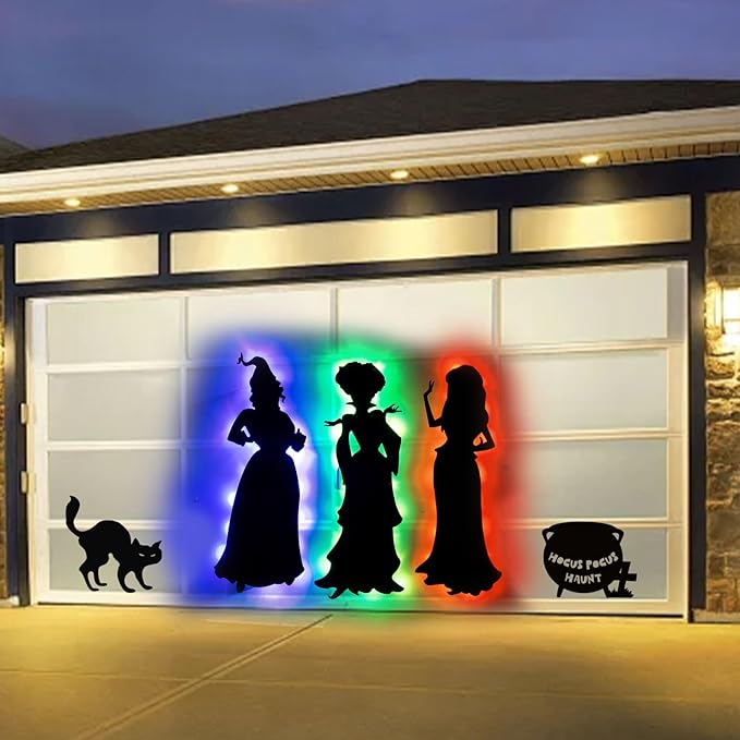 Hocus Pocus Halloween Decorations Outdoor, 5Pcs Halloween Large Black Hocus Pocus Witches Cauldron Cat Silhouette with Led Lights for Outside Halloween Garage Door Wall Yard Lawn Decor