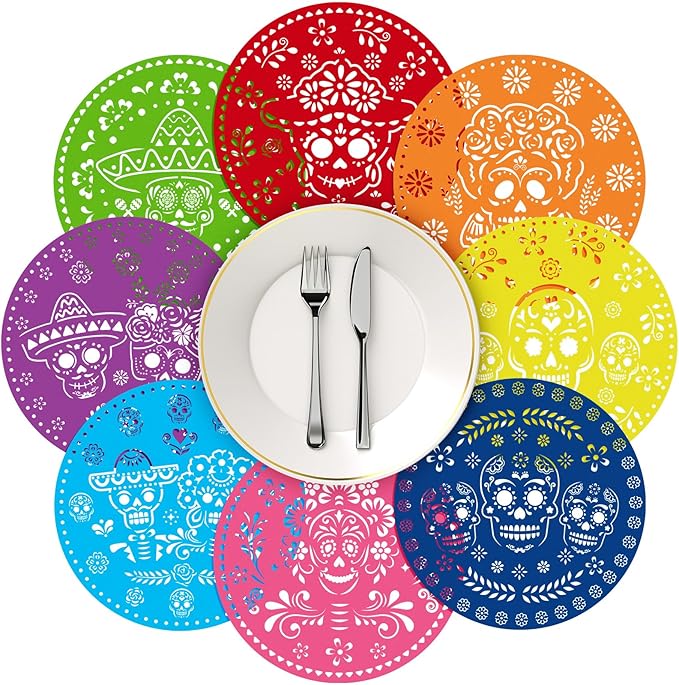 56 Pcs Day of The Dead Skull Placemats 13&#x22; x 13&#x22; Dia De Muertos Disposable Place Mat Paper Colorful Mexican Sugar Skulls Round Table Placemat for Halloween Table Decor Kitchen Dining