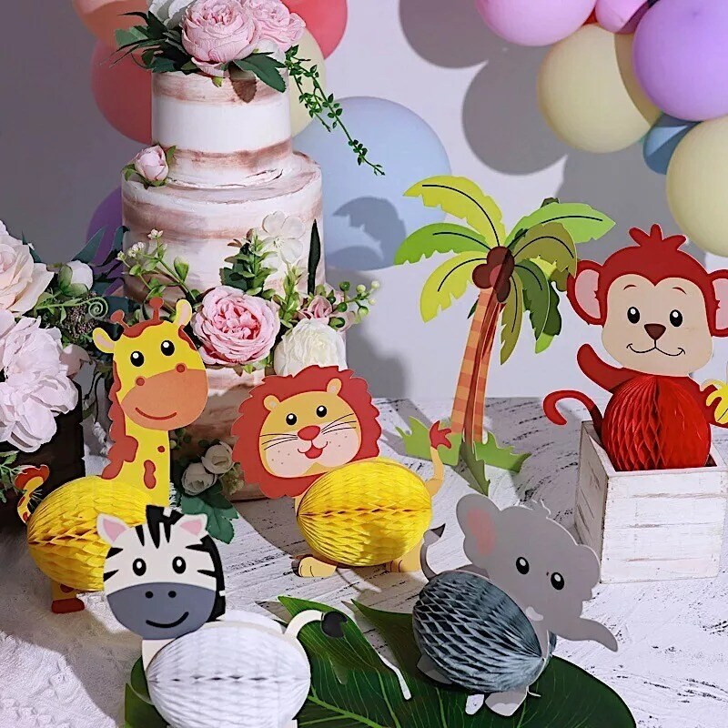 Assorted 3D Jungle Safari Animal Honeycomb Paper Decorations Set Baby Shower