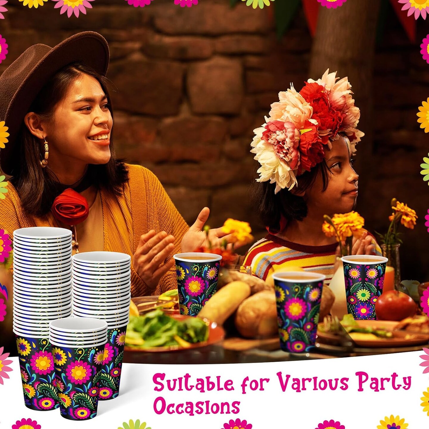 50 Pack Halloween 12 oz Day of the Dead Disposable Paper Cups Mexican Floral Fiesta Coffee Cups Hot Cold Beverage Drinking Cups Disposable Drinkware Supplies for Mexican Cinco De Mayo Birthday Party