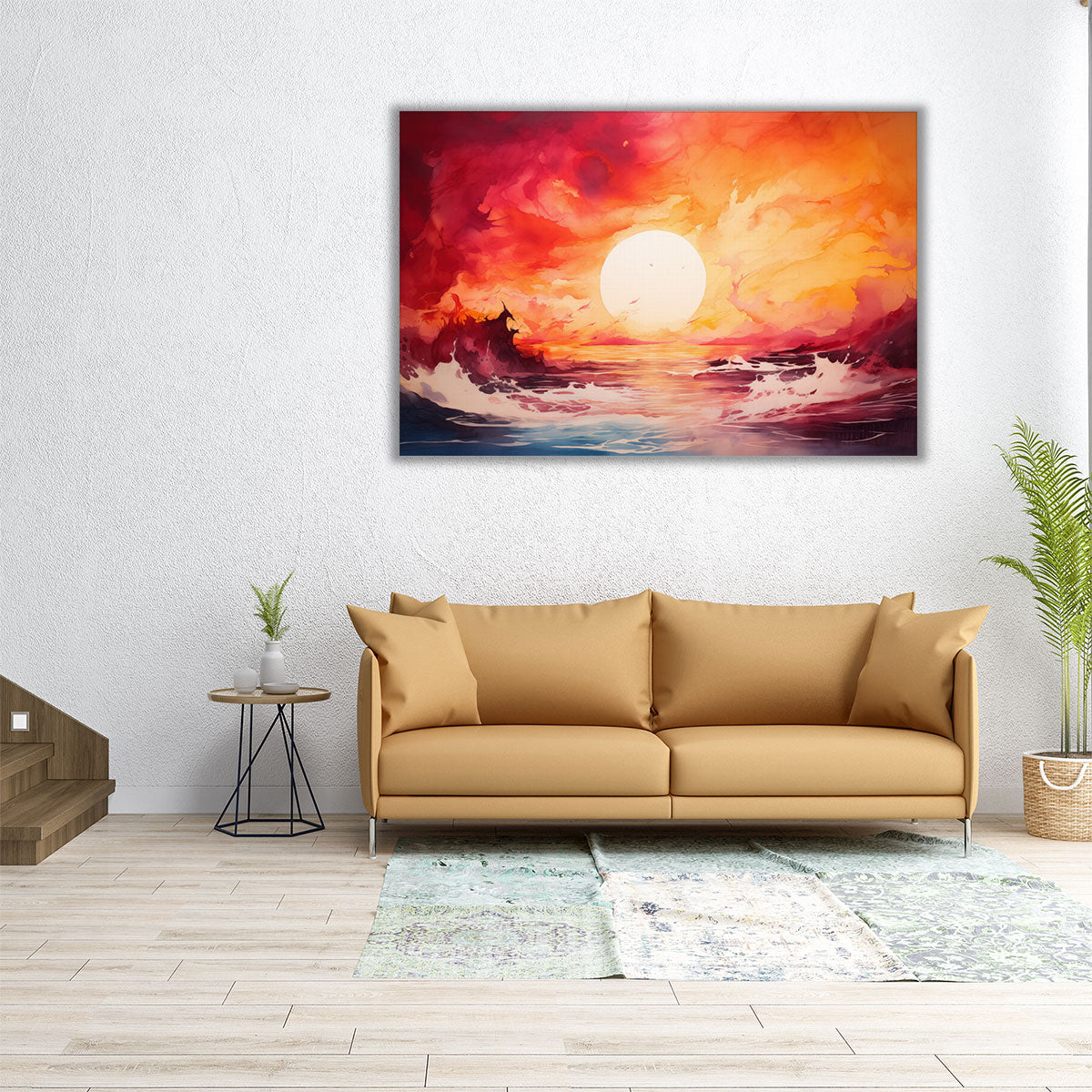 Orange Stormy Ocean Framed Canvas Print – Sea Waves and Sunset