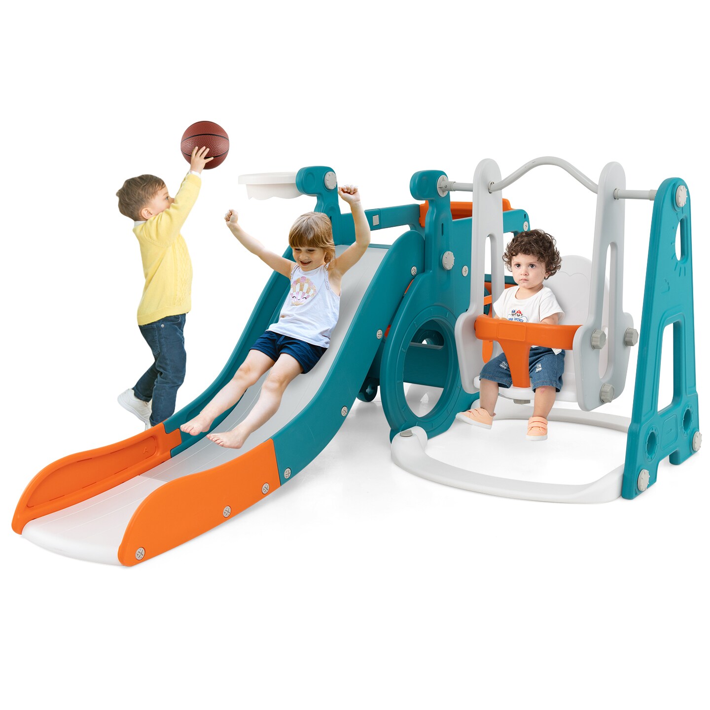 5-in-1 Kids Slide and Swing Set with Mini Bus and Basketball Hoop