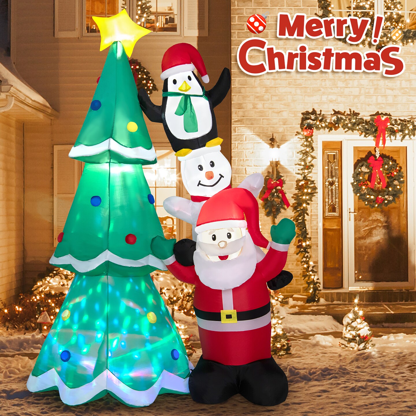 Costway 8.7FT Inflatable Christmas Tree with Santa Claus & Snowman & Penguin Blow-up Xmas Decoration w/Multicolor Disco Light