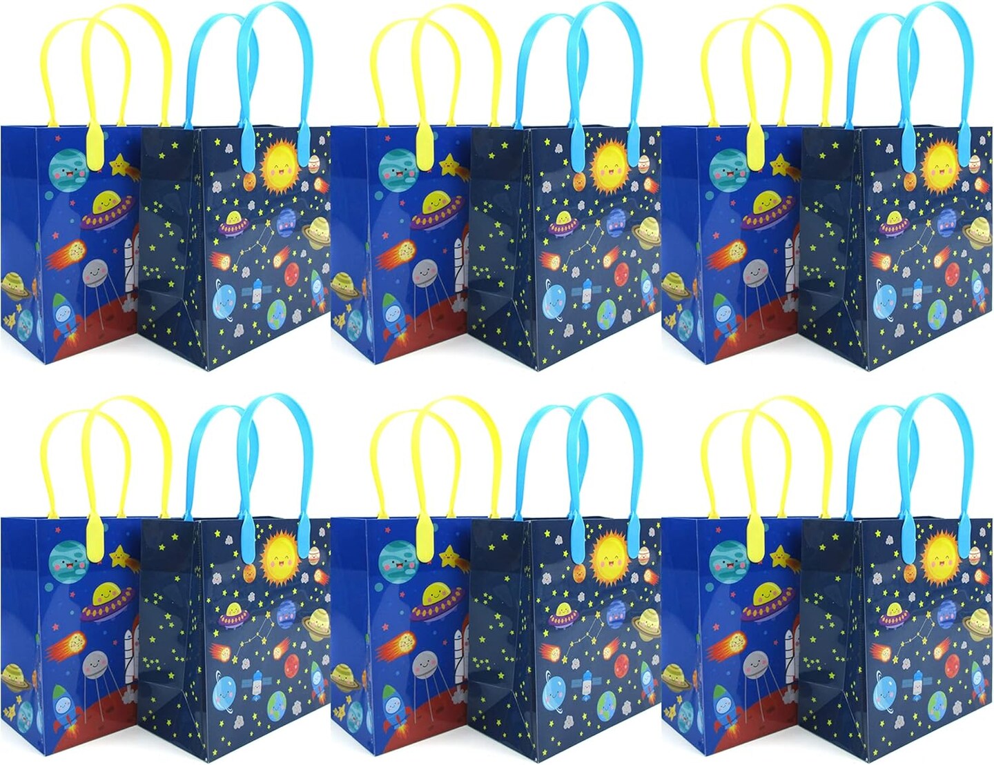 TINYMILLS Outer Space Themed Party Favor Bags Treat Bags with Handles, Outer Space Candy Bags for Birthday Party Goodie Bags, Pack of 12