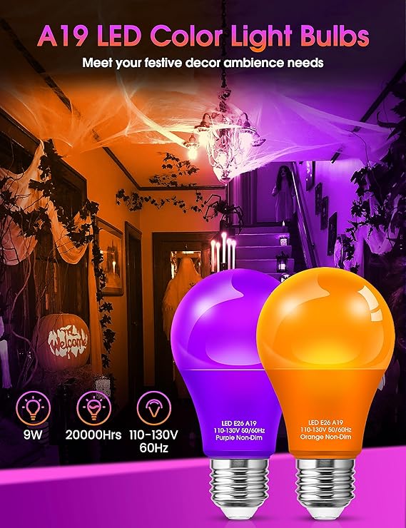 Purple Orange Light Bulbs Outdoor [ 4 Pack ] LED A19 Halloween Light Bulbs LED Orange Light 9W (60W Equivalent) - E26 Purple LED Light Bulb for Porch Light Colored Christmas Party Home Decor