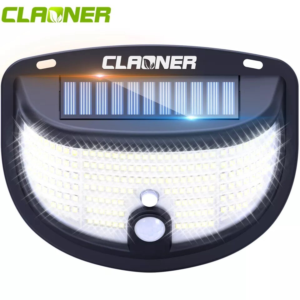 CLAONER 198 LED Solar Power Wall Light PIR Motion Sensor Outdoor Security Lamp