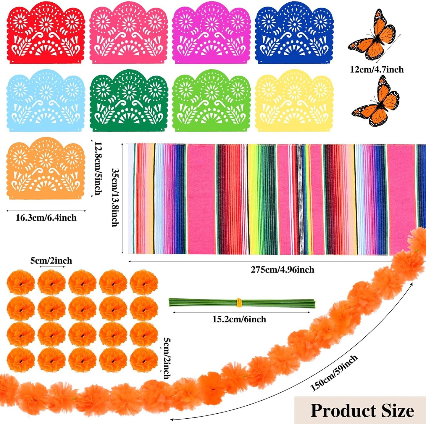 65 Pcs Day of The Dead Decorations, Dia De Los Muertos Decor 50 Artificial Flowers,1 Marigold Garland,1 Mexican Party Banner,1 Table Runner,12 Monarch Butterflies Altar Decor for Diwali Party