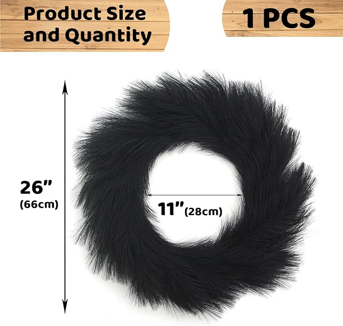 Artificial Pampas Grass Wreath, 26&#x22; Black Faux Pampas Grass Wreath Decor for Halloween Home Boho Style Decor (Black, 1)