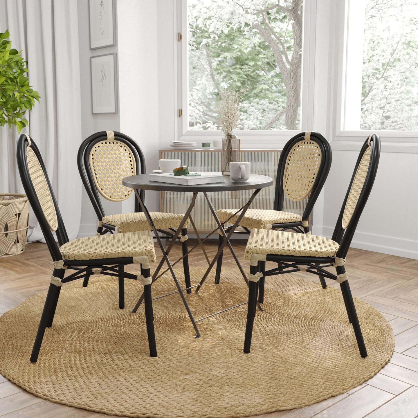 Merrick Lane Toulon Set of Four Stacking Thonet Bistro Style Chair, PE Cane Rattan Seat, and Metal Frame for Indoor/Outdoor Use