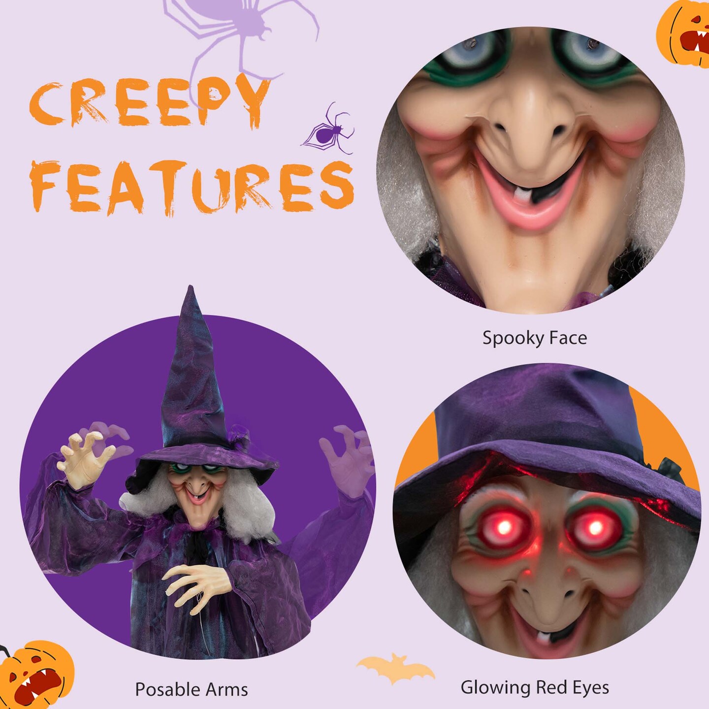 Costway 6 FT Halloween Animatronic Witch Hanging Decoration with Red Eyes &#x26; Posable Arms