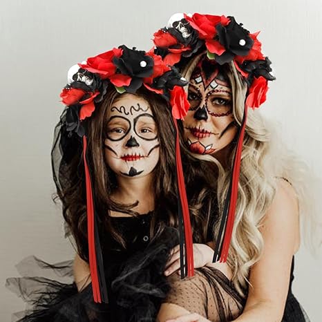 Flower Crown Day of the Dead Rose Headbands Skull Floral Crown Mexican Headpiece with Ribbon for Women Girls Black Red