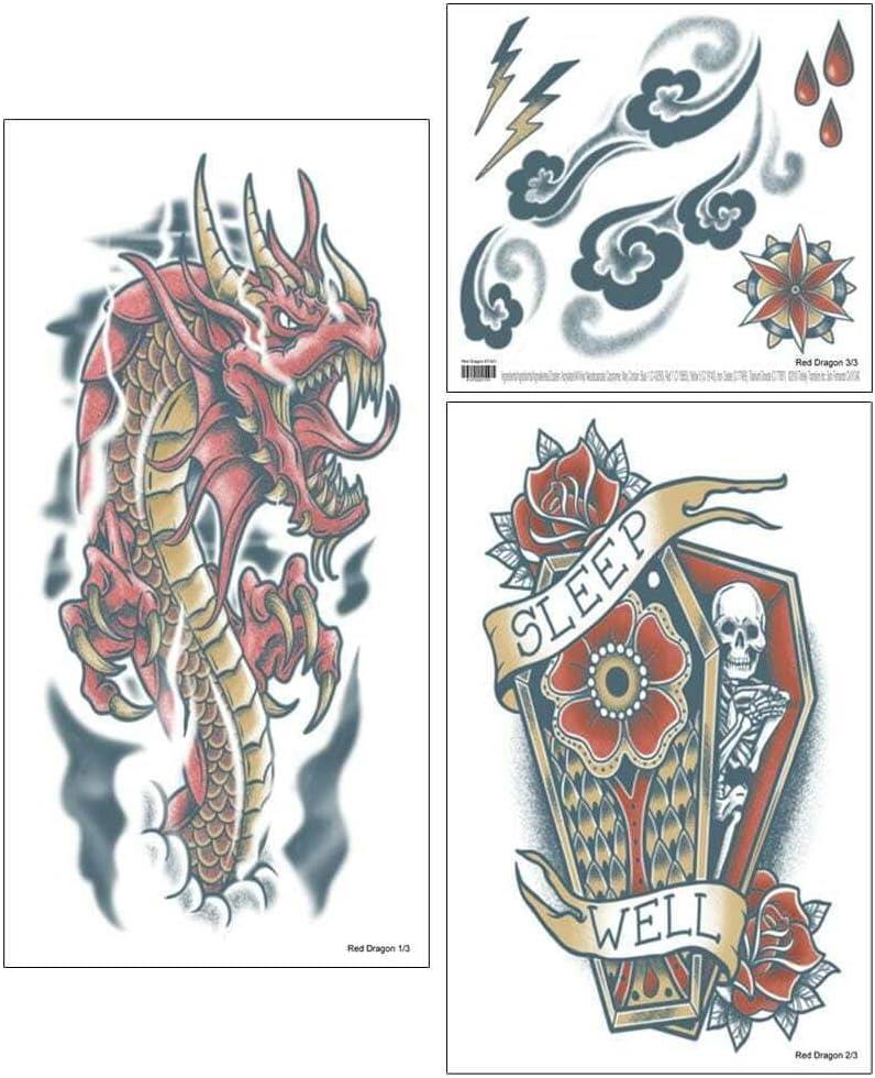 3 Piece Ultra Realistic Red Dragon Temporary Sleeve Tattoos - Applies with just water