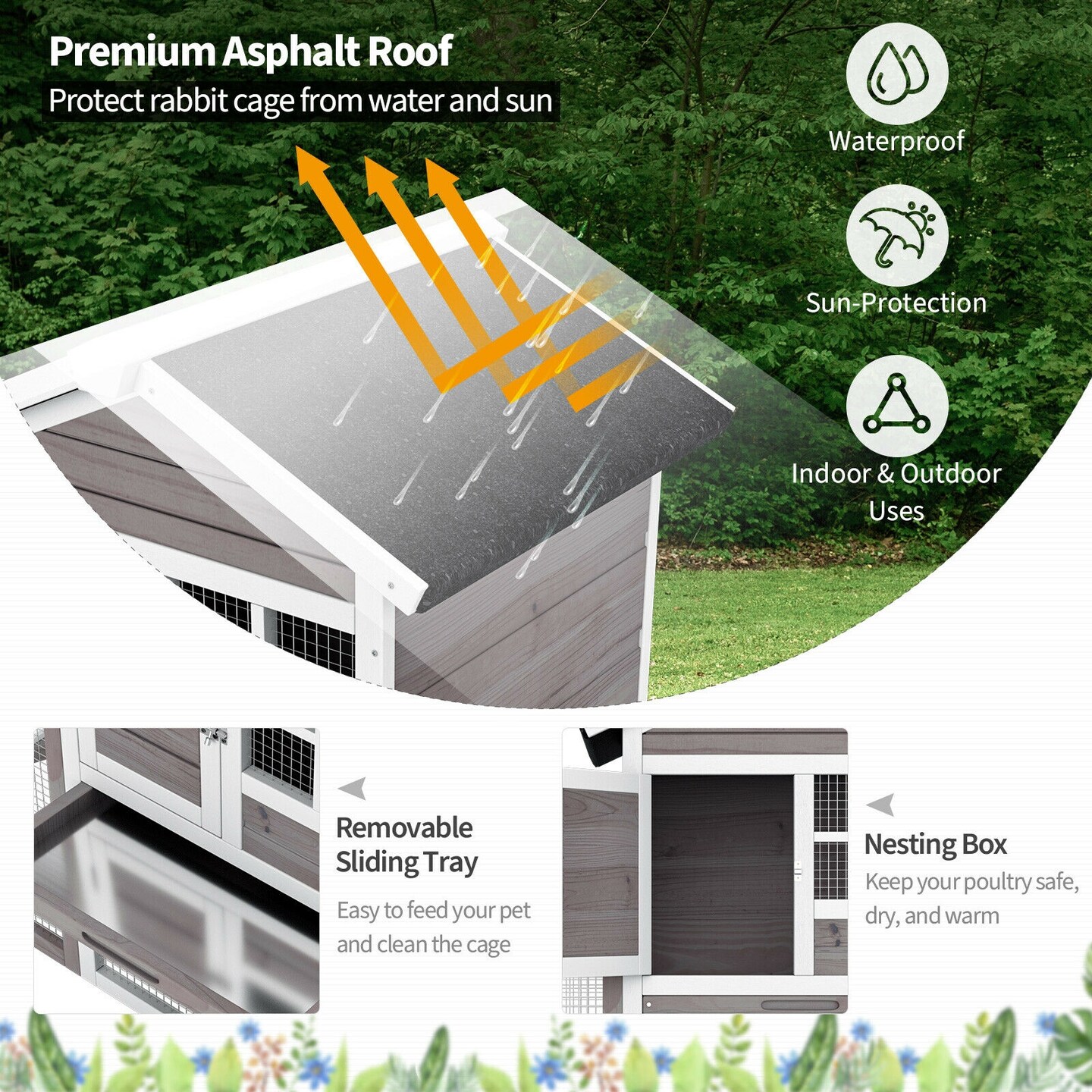 Wooden Rabbit Hutch 2-Story Enclosed Wire Cage Gray Asphalt Roof