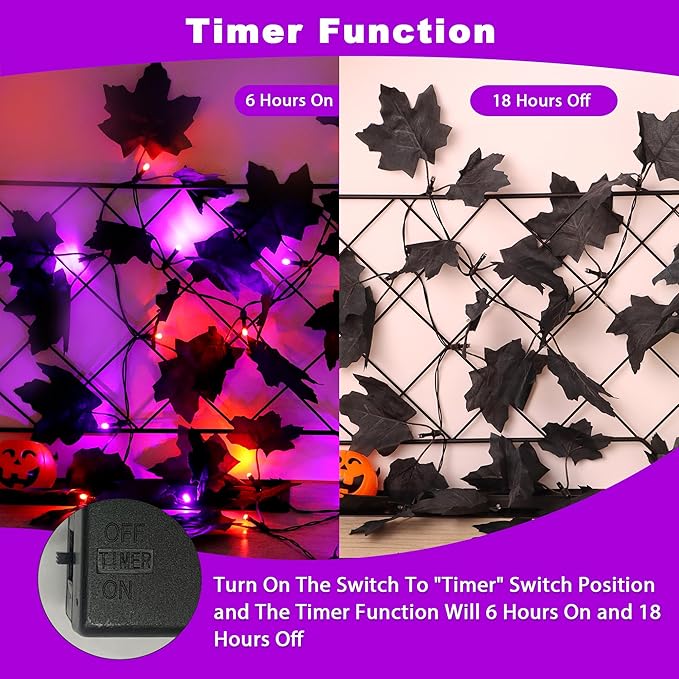 2 Pack Halloween Decorations Black Leaf Garland with Orange &#x26; Purple Lights, Total 13Ft 40 LED Halloween Hanging Artificial Garlands Battery Operated Lights Decor for Home Indoor Outdoor Fireplace