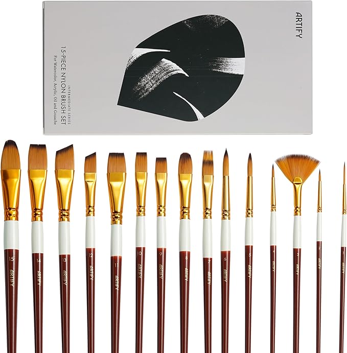 ARTIFY Paint Brushes for Acrylic Painting, 15 Pcs 2024 New Painting Supplies, Artist Paint Brush Set for Watercolor, Oil and Gouache Painting, Red Wine