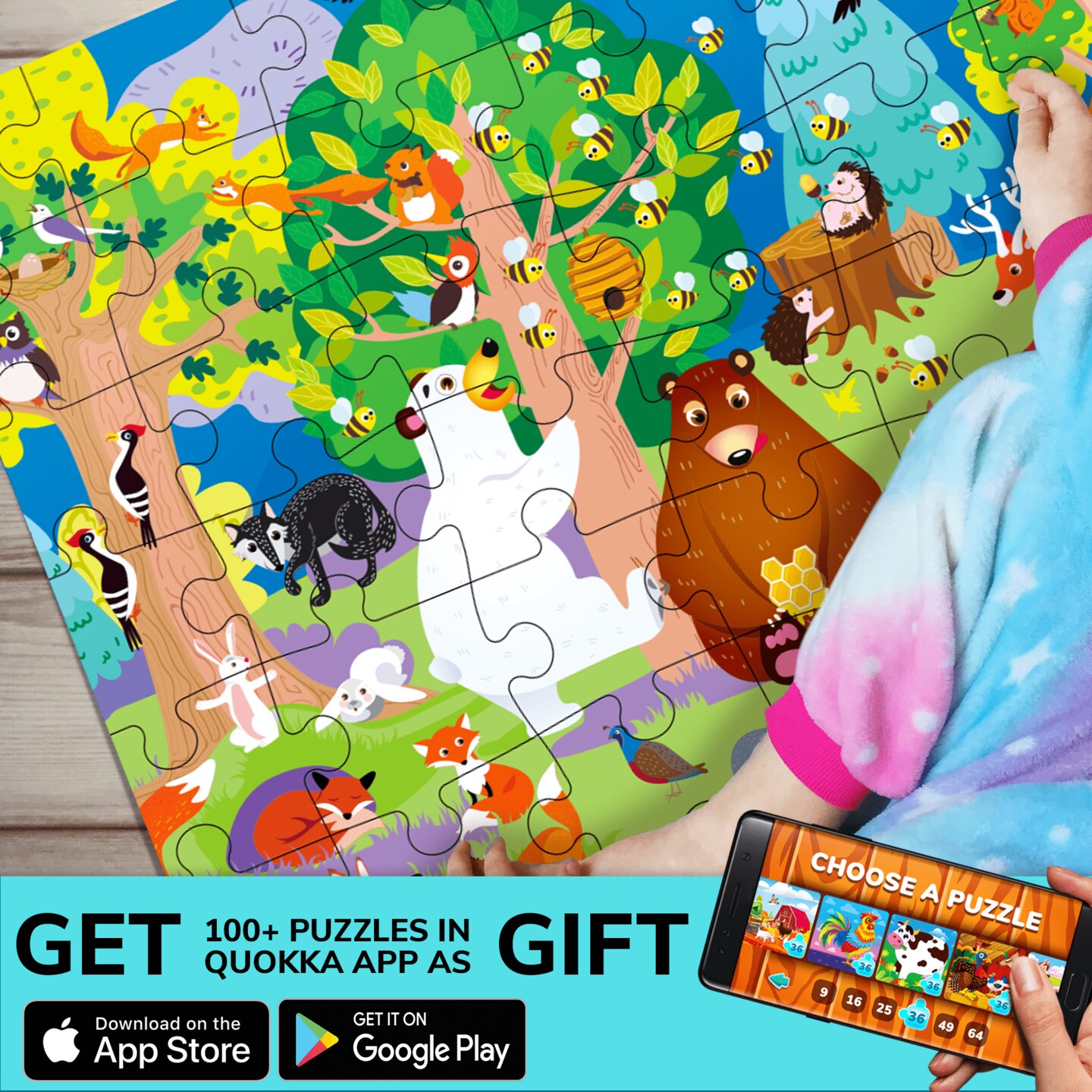 QUOKKA 100 Piece Puzzles for Kids Ages 4-6 &#x2013; 3 Floor Kids Puzzles Ages 6-8 Year Old &#x2013; Toy for Learning Ocean &#x26; Forest Animals for 8-10 yo &#x2013; Jigsaw Toddler Game for Boy and Girl Ages 3-5