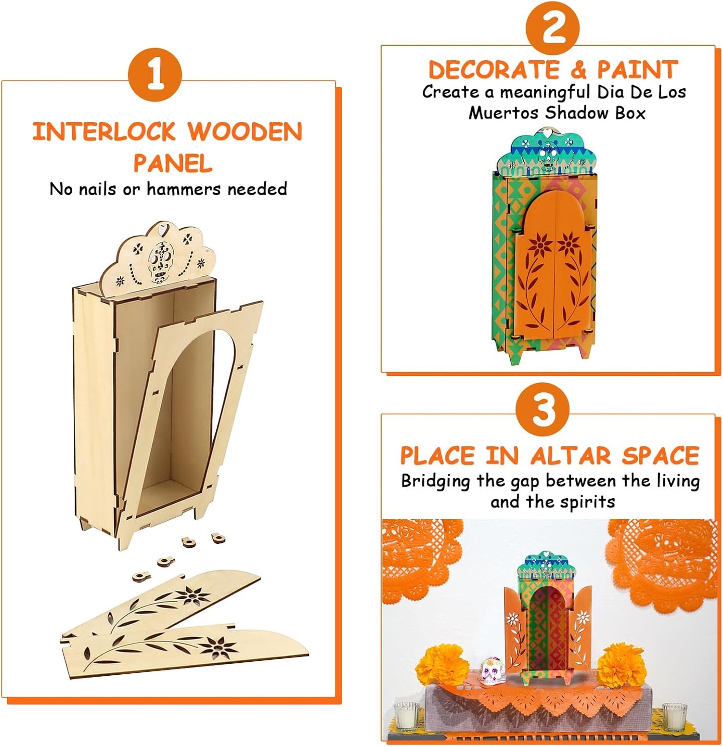 Dia De Los Muertos Altar Shadow Box - Wooden Day of The Dead Ofrenda Shadow Box - Crafts Ofrenda Decorations - DIY Skull Papel Picado Mexican Picture Frames Shrine Box (1PCS)