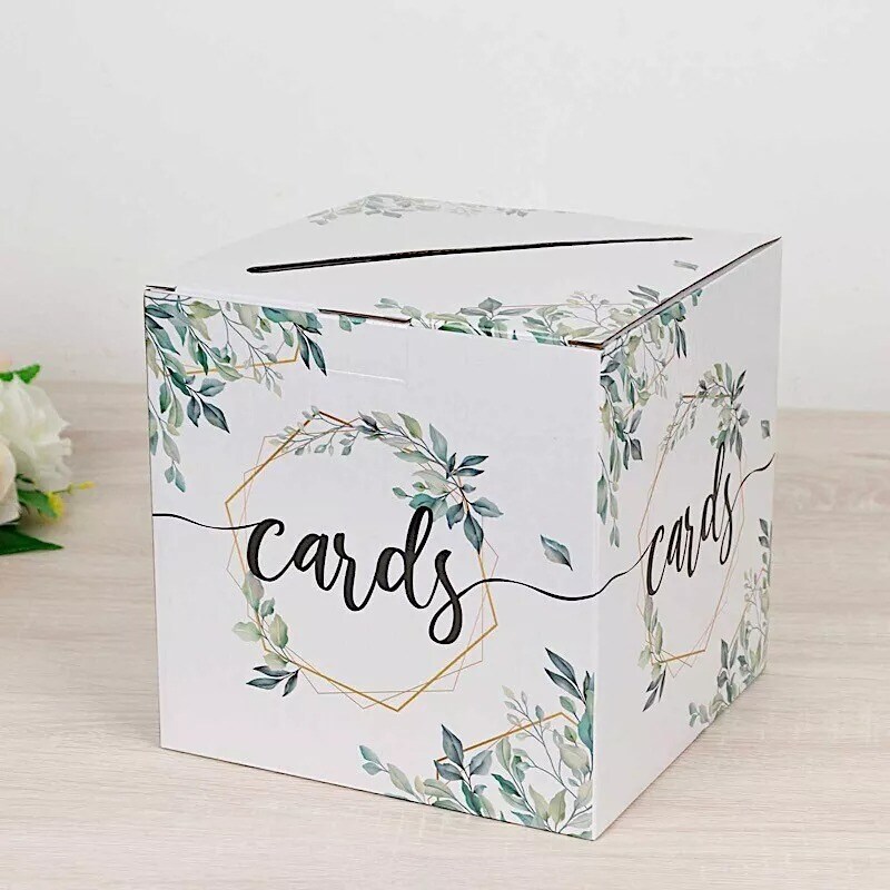 8" x 8" White Gold Greenery Theme Money Card Box Geometric Foil Print Events