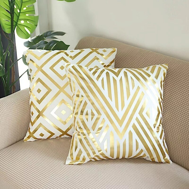 4 Square 18" x 18" White Velvet Throw Pillow Covers Gold Geometric Print Home